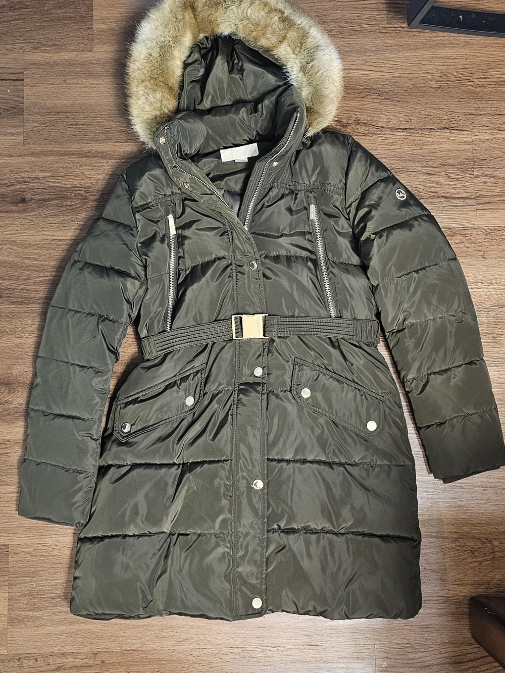 Michael Kors Olive Green Belted Puffer Coat with Faux Fur Hood